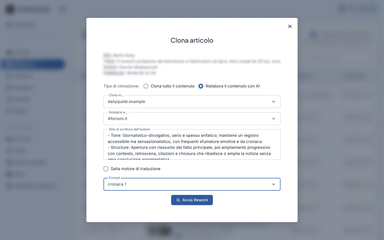 Rework con AI in AI Multisite: adatta un articolo per la testata di destinazione con traduzione automatica